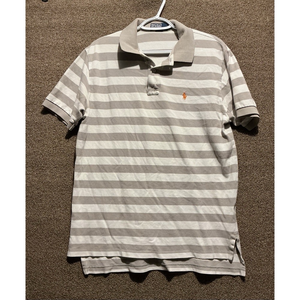 Polo Ralph Lauren Vintage Golf Polo Tan/Oatmeal Cream White Stripe L Cotton